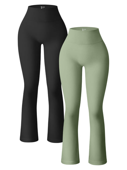 OQQ Women's 2 Piece Yoga Pants Ribbed Seamless Workout High Waist Bell Bottoms Flare Leggings