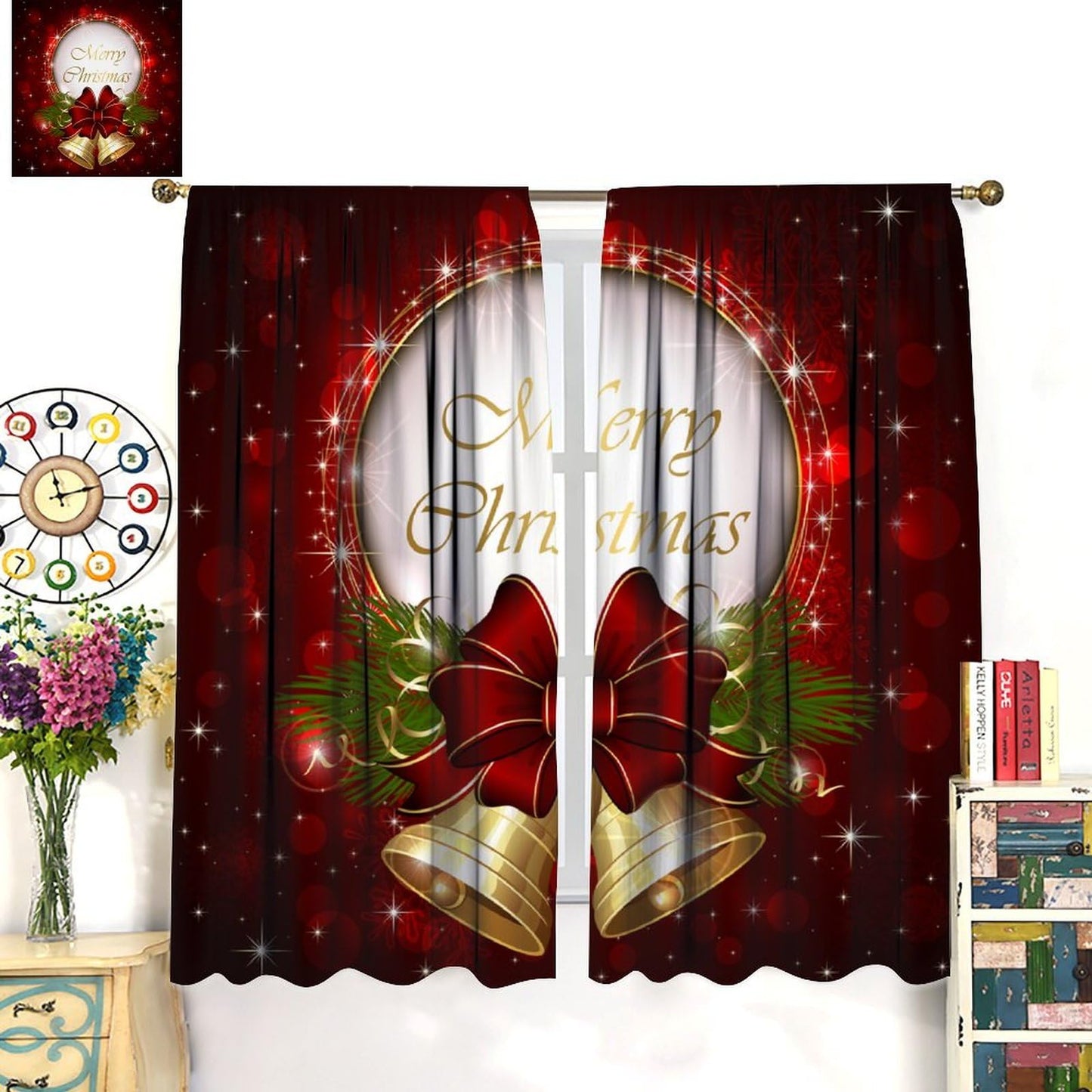 Merry Christmas Curtains Red Sparkling Dingdang Winter Christmas Holiday Bell Festivals Atmosphere Blackout Window Treatment for Happy Festival Living Room Bedroom Home Decor Window Drapes 52"W X 84"L