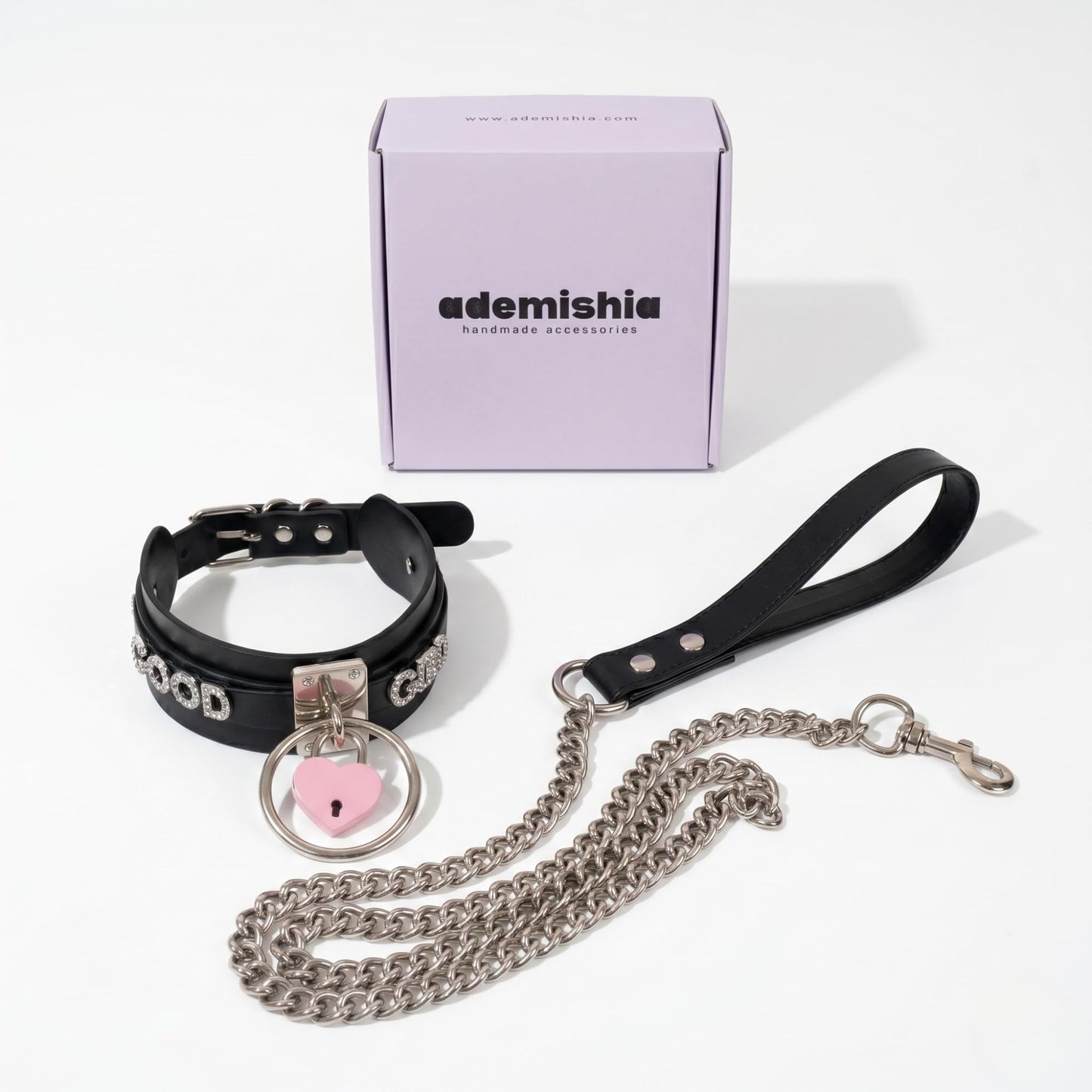 ADEMISHIA Pink Padlock O-ring Leather Choker and Leash Set, Punk Gothic Grunge Emo Necklace For Women, Soft Vegan Leather Collar with Durable Aluminum Chain Leash