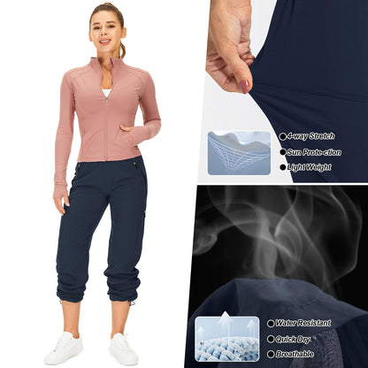 Womens Hiking Pants Quick Dry UPF 50 Lightweight Travel Golf Cargo Safari Pants Zipper Pockets,6608,Blue,Petite XL