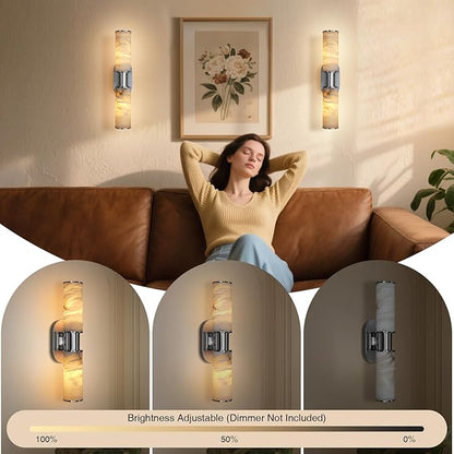 22.2" Alabaster Wall Sconce Set of 2, Brass Bathroom Wall Sconce, Spanish Natural Marble Sconces Modern Wall Lights Lamps for Bedroom Living Room Stairs Indoor Hallway Vanity, Nickel