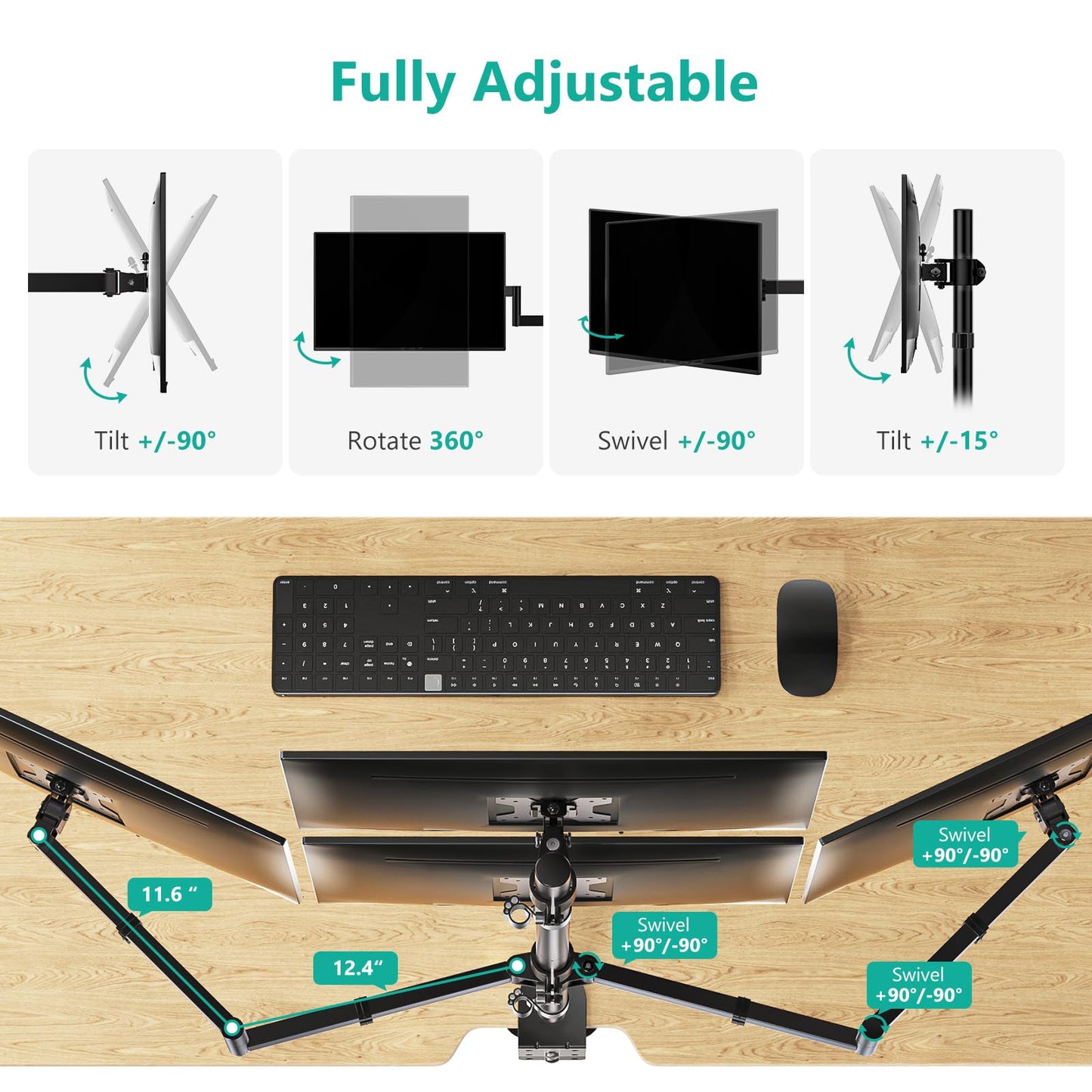 WALI Quad Monitor Mount for 13-27 Inch Screens, Fully Adjustable 4 Monitor Stand with Swivel, Tilt, Rotation, Clamp & Grommet Base Kit, Max Load 22lbs per Screen (M004S), Black