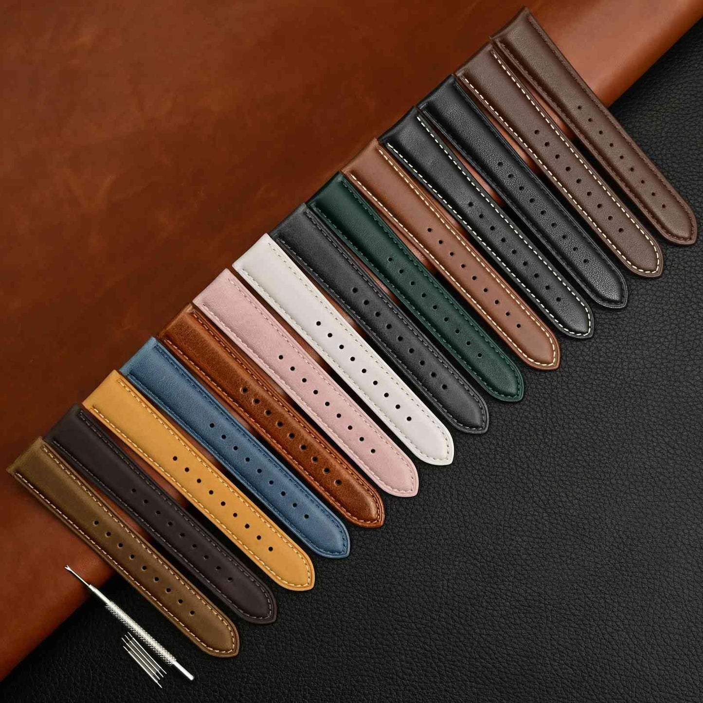 WOCCI 22mm Vintage Leather Watch Band for Men and Women, Silver Buckle (Black)