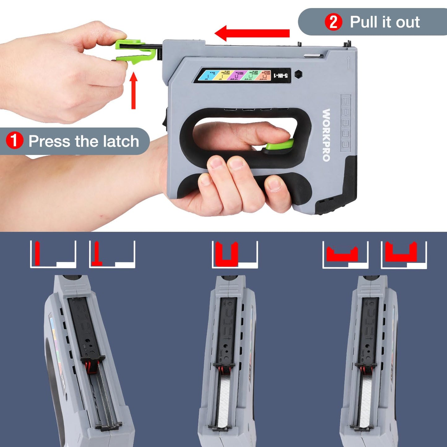 WORKPRO 5 in 1 Cordless Staple Gun, 3.6V Rechargeable Electric Stapler with 2000 Staples and Nails, Upholstery Staple Gun for Wood, Furniture, Office, and DIY Projects