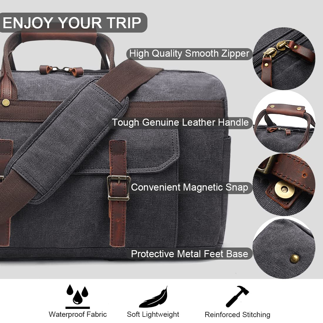 Duffle Bag for Men Waterproof Genuine Leather Canvas Travel Duffel Bags for Women Overnight Weekender Bag for Traveling, Black