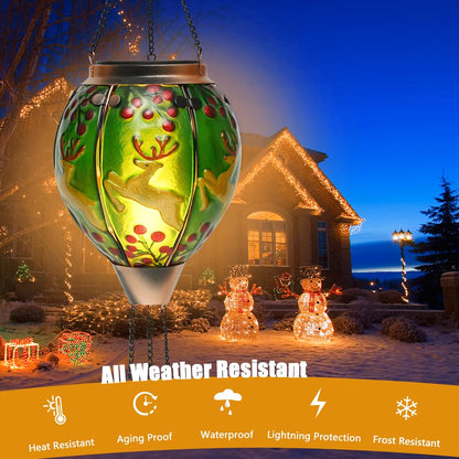 Solar Powered Hot Air Balloon Lantern - Reindeer Glass Lantern, Simulated Flickering & Dancing Flame, Outdoor Hanging Yard Light Waterproof IP65 for Patio Lawn Porch Christmas Decor Gift