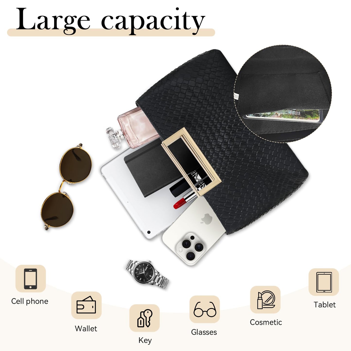 Women's PU Leather Clutch Purse Evening Bag for Wedding Party Prom Bridal – Stylish Formal Handbag (PU Leather-Black)