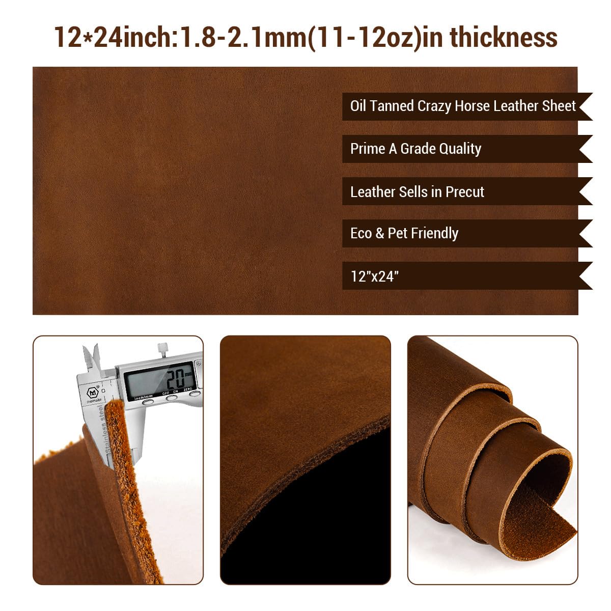 Full Grain Leather Pieces for Leather Working, 12"x24" Tooling Leather Sheets for Crafts Genuine Leather Material 1.8-2.1 mm Thick Leather Hide for Crafting Earring Hobby Dark Brown