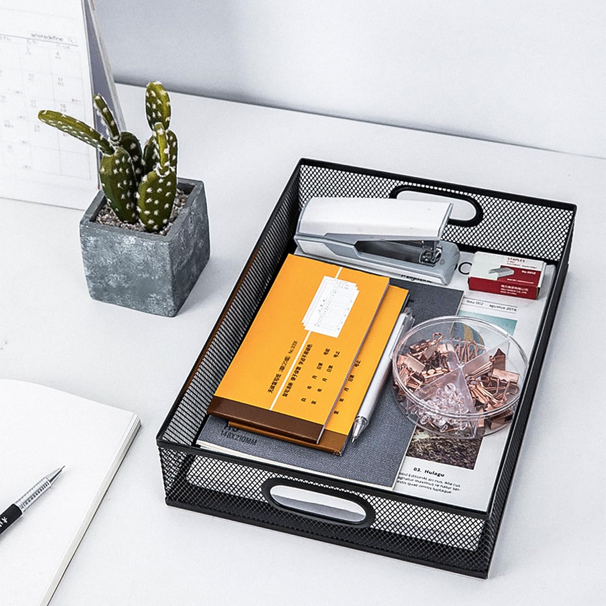 Elsjoy 2 Pack Desk Drawer Organizer Tray, Metal Mesh Desktop Storage Tray Office File Organizer with Handle, Portable Large Storage Basket for Office Supplies, Craft, Magazine, Paper