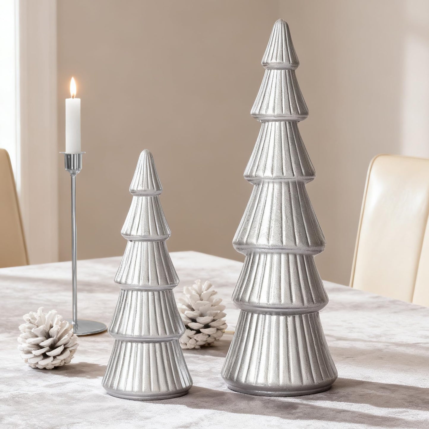 WONDROUS' DECO Wooden Christmas Tree Figurine, Tabletop Silver Tree Figurine, Set of 2 Desk Centerpieces for Christmas Decor