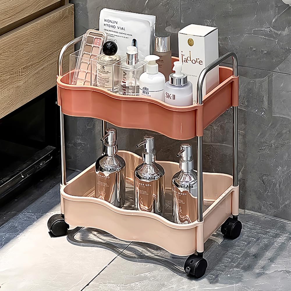 2 Tier Utility Rolling Cart with Wheels Under Desk Storage Cart Organizer with Handle for Home Kitchen Bathroom Office Organization Pink