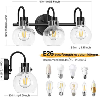 Bathroom Light Fixtures, Black 3 Lights Vanity Light, Farmhouse Wall Sconces with Globe Glass Shade, Porch Wall Mount Lamp for Mirror, Kitchen, Porch Living Room Workshop (E26 Base)