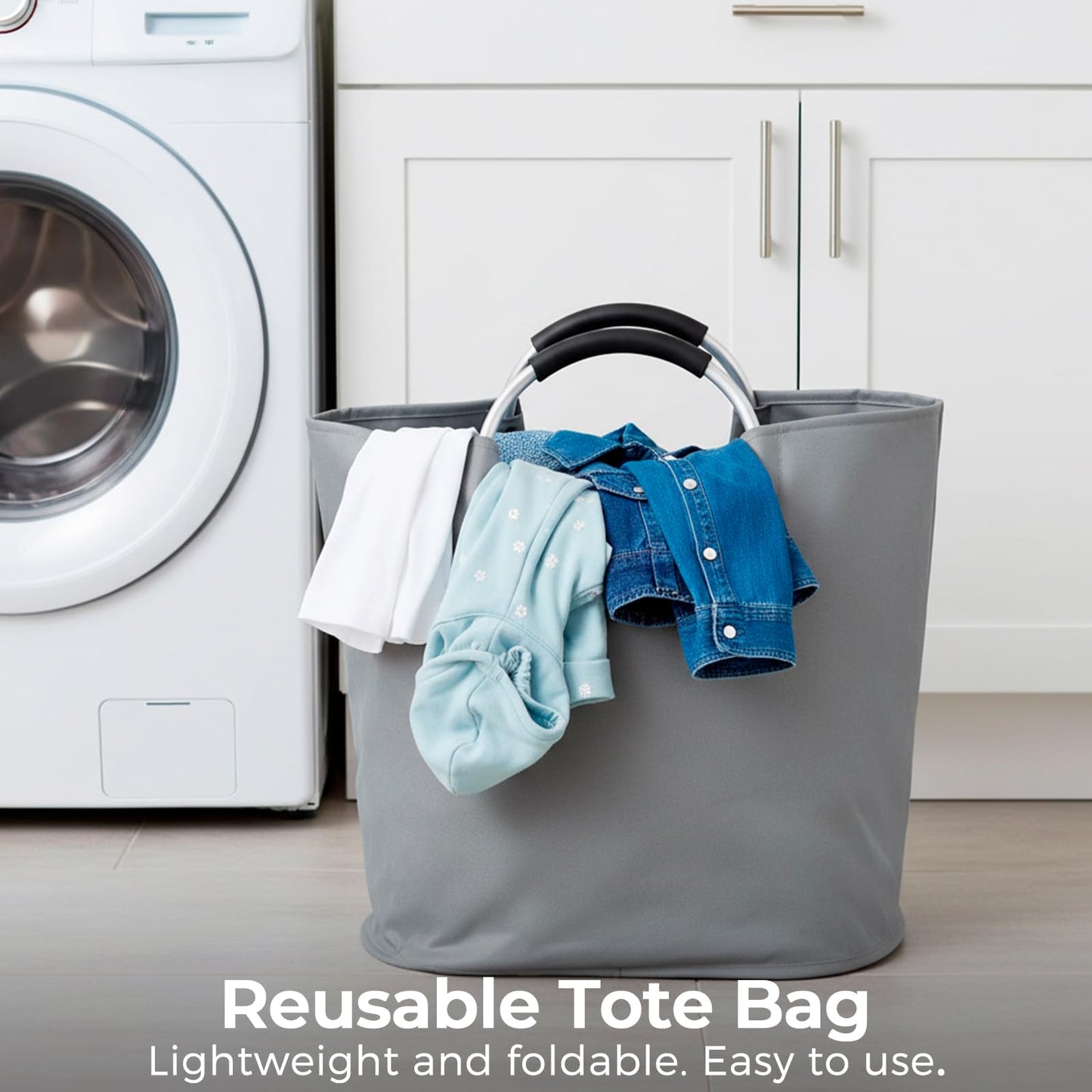 VICSKY Utility Tote Bag - Lightweight & Durable Beach/Pool Bag | Soft-Padded Metal Hoop Handle | Stand-Up Reusable Grocery Tote for Shopping/Farmers Market/Picnic/Dog Walking (45L, Grey)