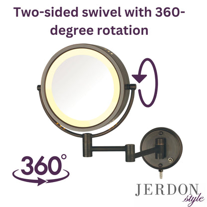 JERDON Wall-Mounted Makeup Mirror with LED Lighting - Direct Wire Lighted Makeup Mirror with 8X Magnification & Nickel Finish Wall Mount - Model HL75ND