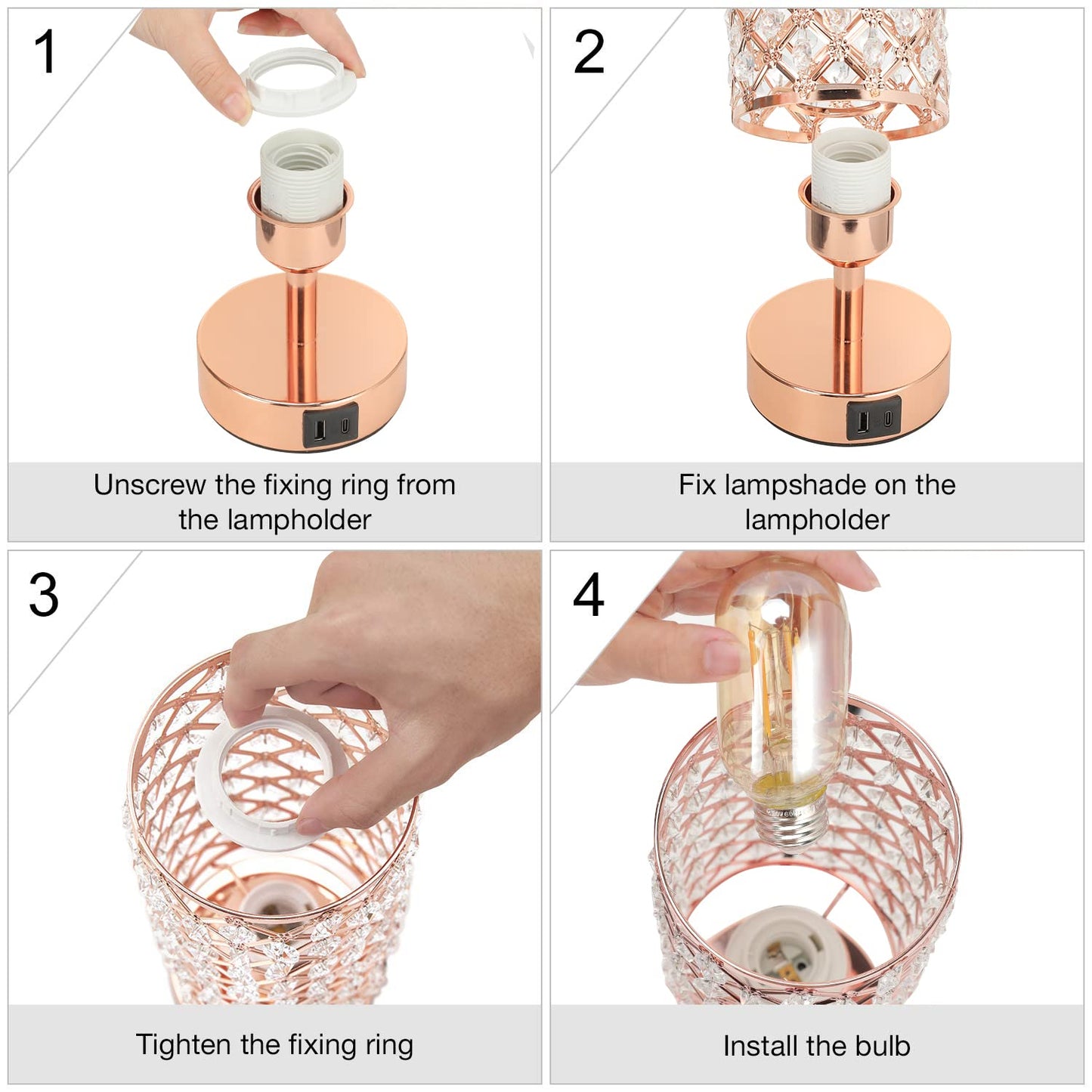 Hong-in Crystal Table Lamp - 3-Way Dimmable Touch Control, Rose Gold Bedside Lamp with USB C and A Ports, Nightstand Light for Living Room, Bedroom, Home Office (Bulb Included)