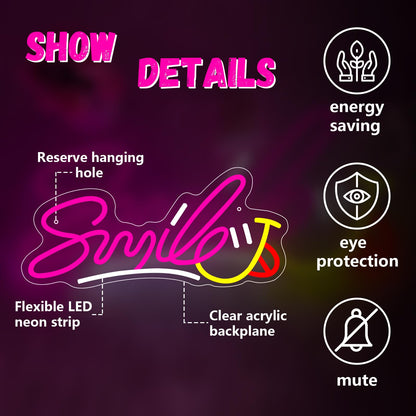 Smile Neon Sign, LED Light up Signs for Bedroom Bar Home Shop Game Room Kids Room Dental Clinic Decor, Gift for Christmas, Birthday