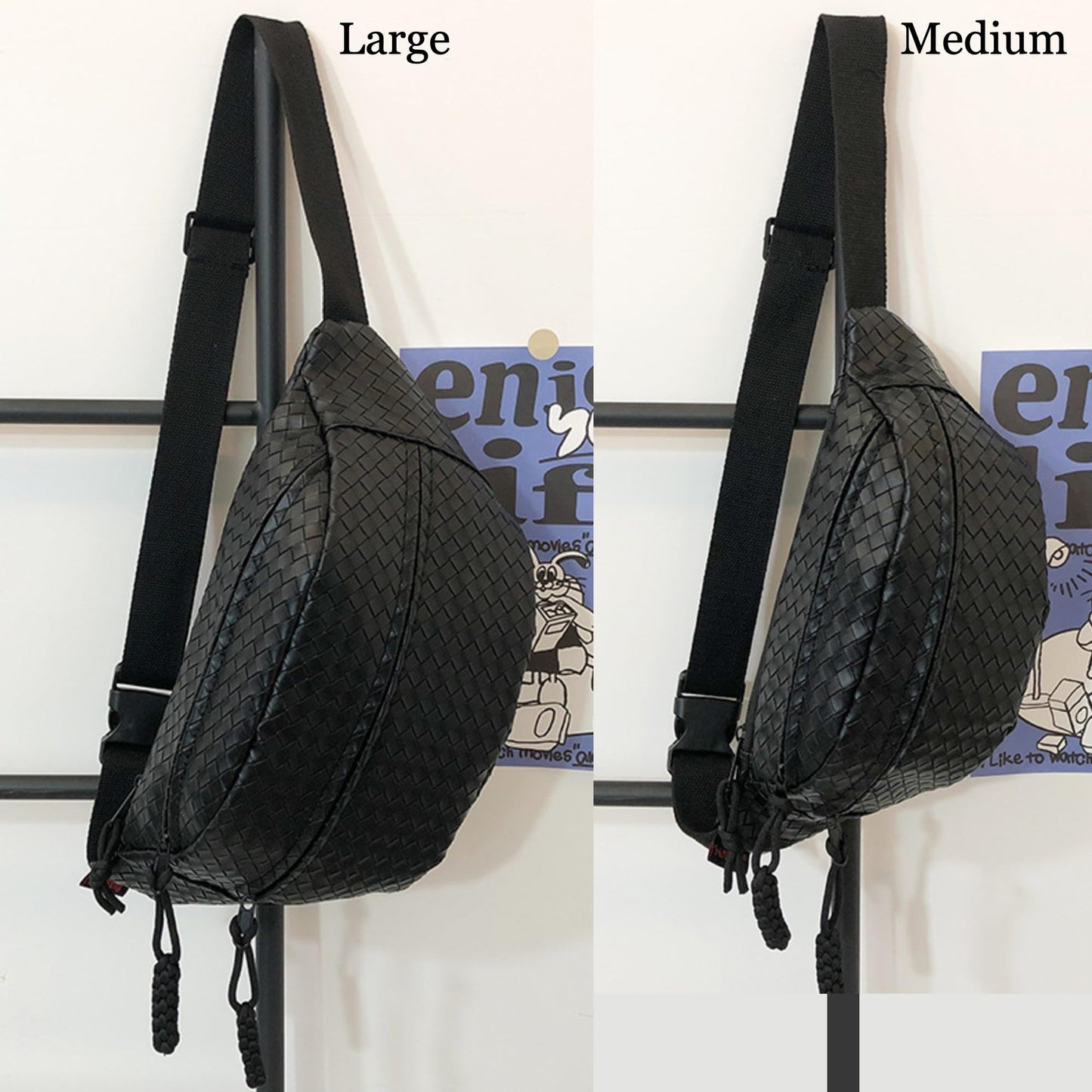 Woven PU Leather Fanny Packs for Men and Women, Stylish Shoulder Sling Crossbody Purse Adjustable Strap, Unisex Bum Waist Bags for Festival Travel Shopping Outdoor (Black, Medium)