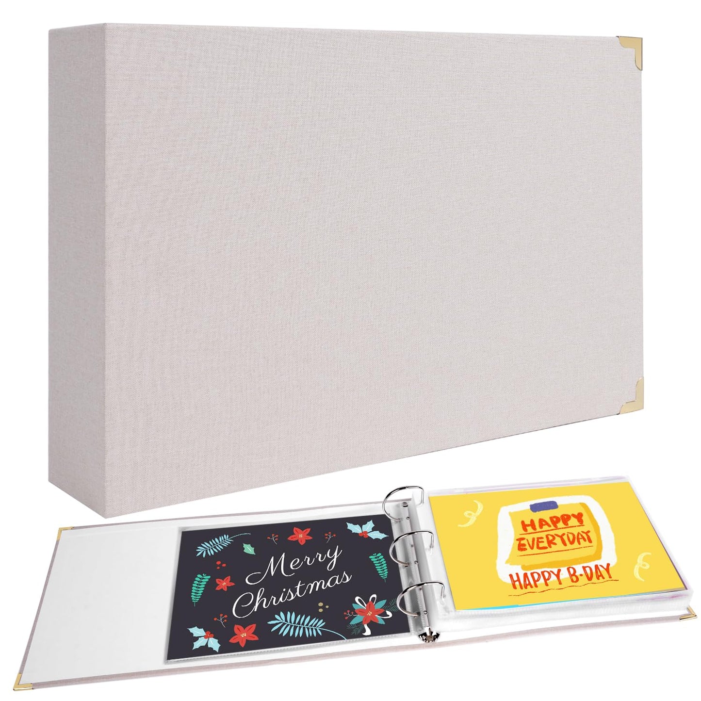 Greeting Card Storage Organizer, Insert One Opened Card per Sheet, D-Ring Binder Organizer for 4x6'' 5x7'' Birthday Christmas Cards, Linen Cover Card Keeper 100 Cards, Stickers, Photos Protection