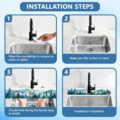 2 Pcs Kitchen Sink Splash Guard Faucet Mats Watercolor Forest Pattern Faucet Mat