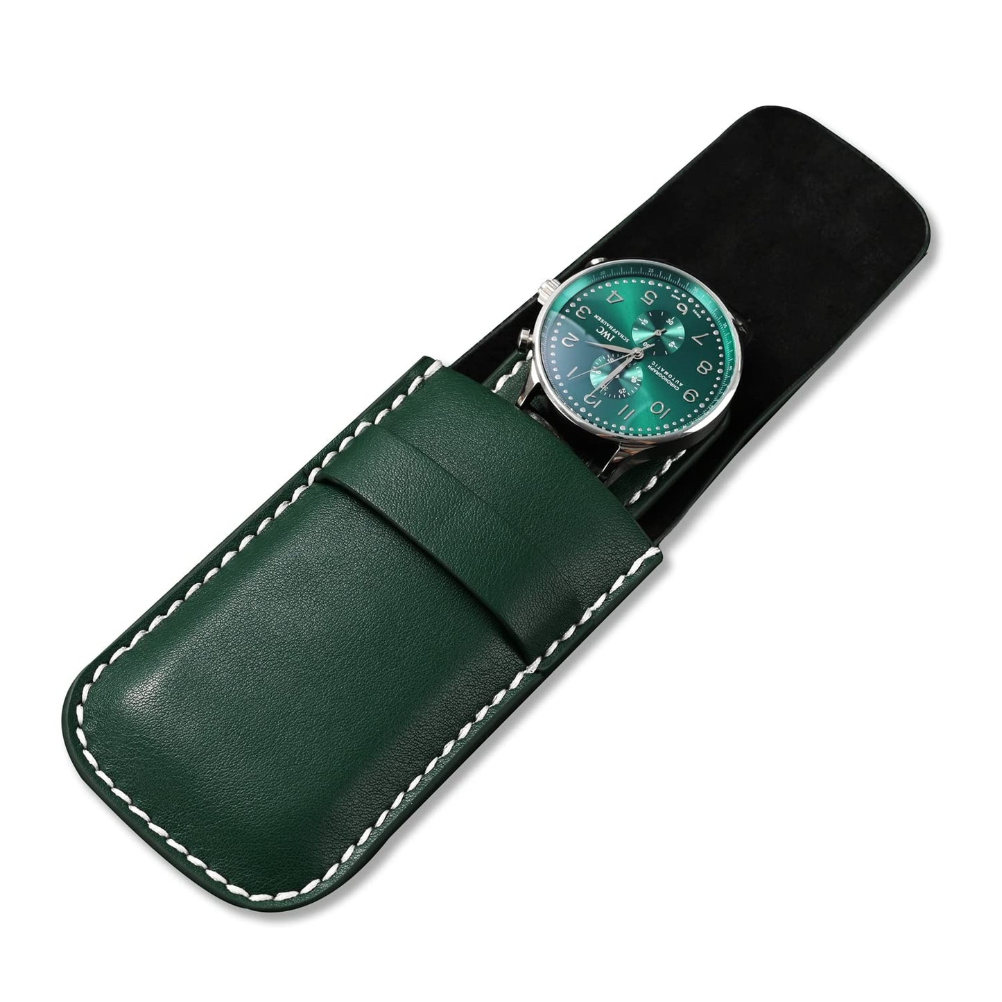 Papten Luxury PU Leather Watch Pouches Portable Single Watch Travel Case Travel Bag For Travelling Business Trip (Green)