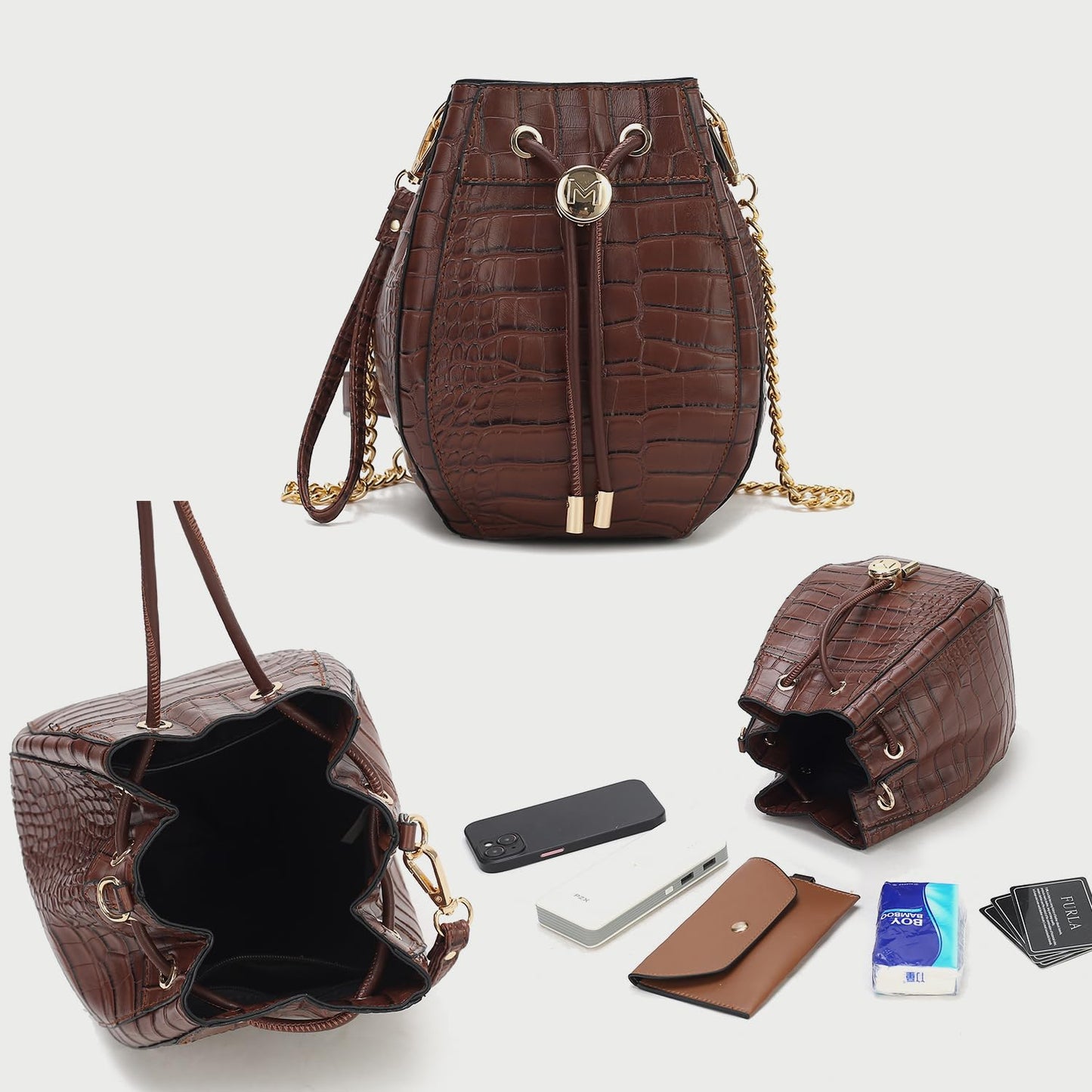 MKF Collection Women's Shoulder Bag, Croco Vegan Leather Crossbody Bag Drawstring Handbag Purse by Mia K