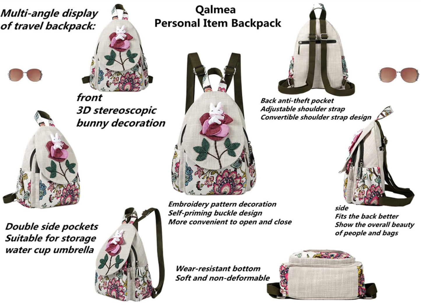 Qalmea Small Backpack for Women，Hippie Backpack Handmade Canvas Bags Casual Mini Handbag（Rabbit Pattern）