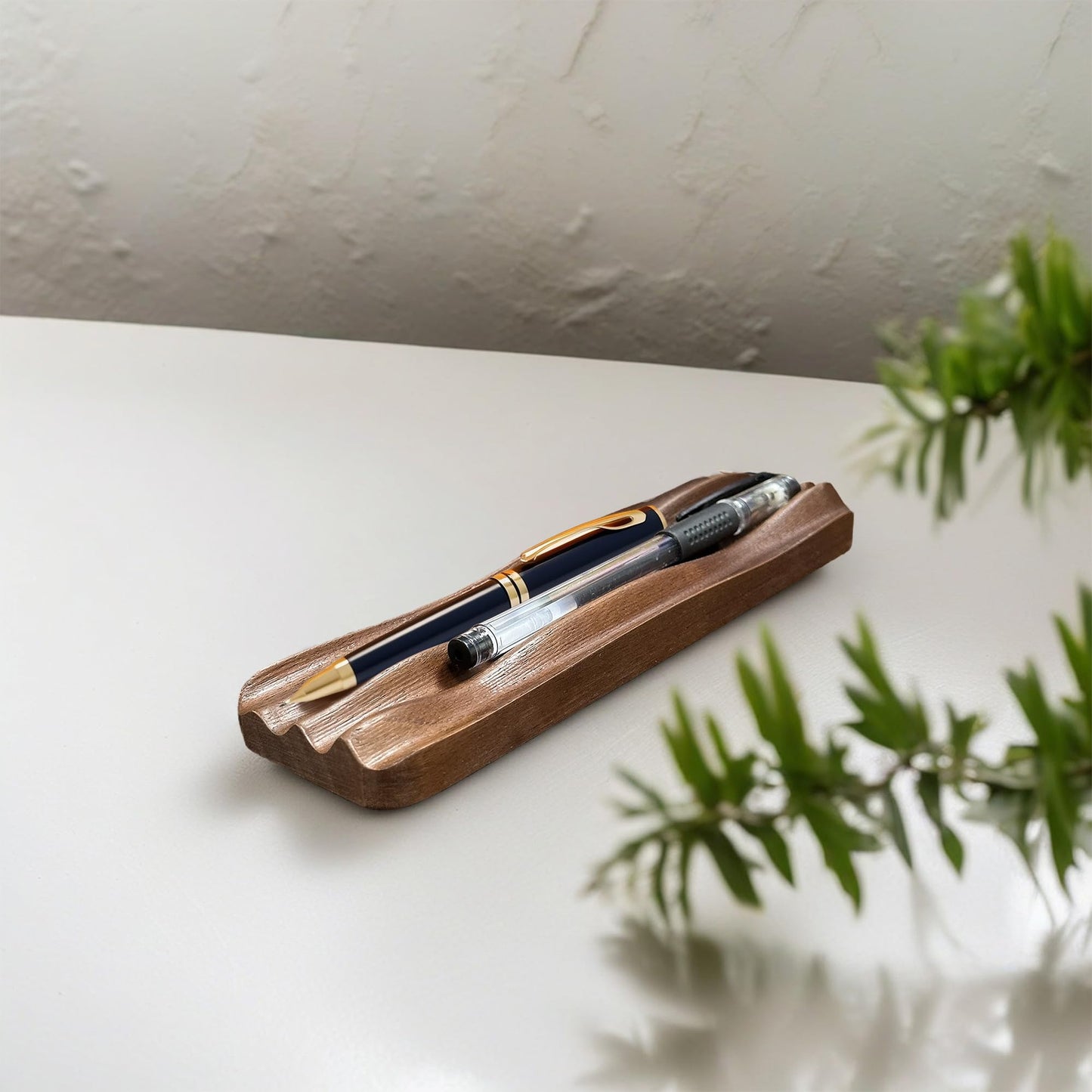 Pen holder Organizer of Office desks, Walnut Desk Pen Stand with 4 Compartments, Wave Pen Tray Office Accessory, Teacher Gifts, Suitable for School, Home, Office Desktop Office Art Accessories
