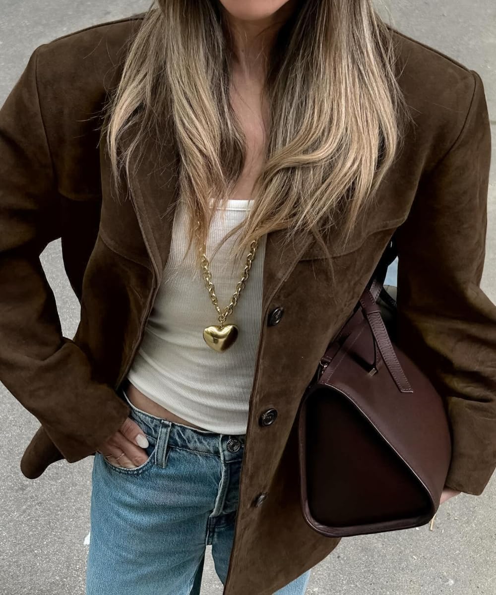 RICHTRUE Old Money Aesthetic Winter Suede Jacket Y2k Outerwear Brown Faux Leather Jacket Women Fall Fashion 2025 Trendy
