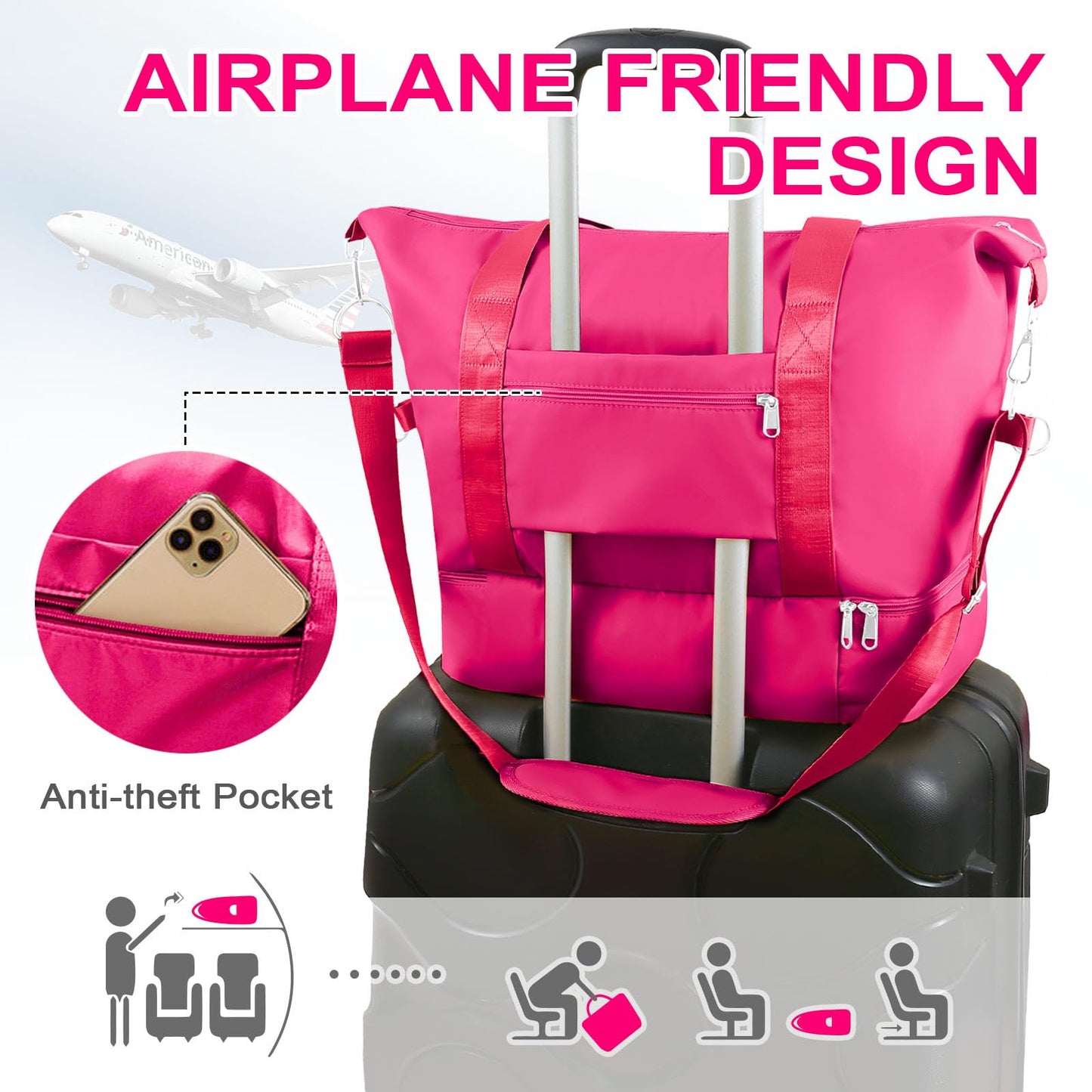 WOOMADA Weekender Bag for Women, Travel Duffel with Shoe Compartment & Wet Pocket, Personal Item & Overnight Bag for Airlines, Sport Gym Tote (Hot Pink)