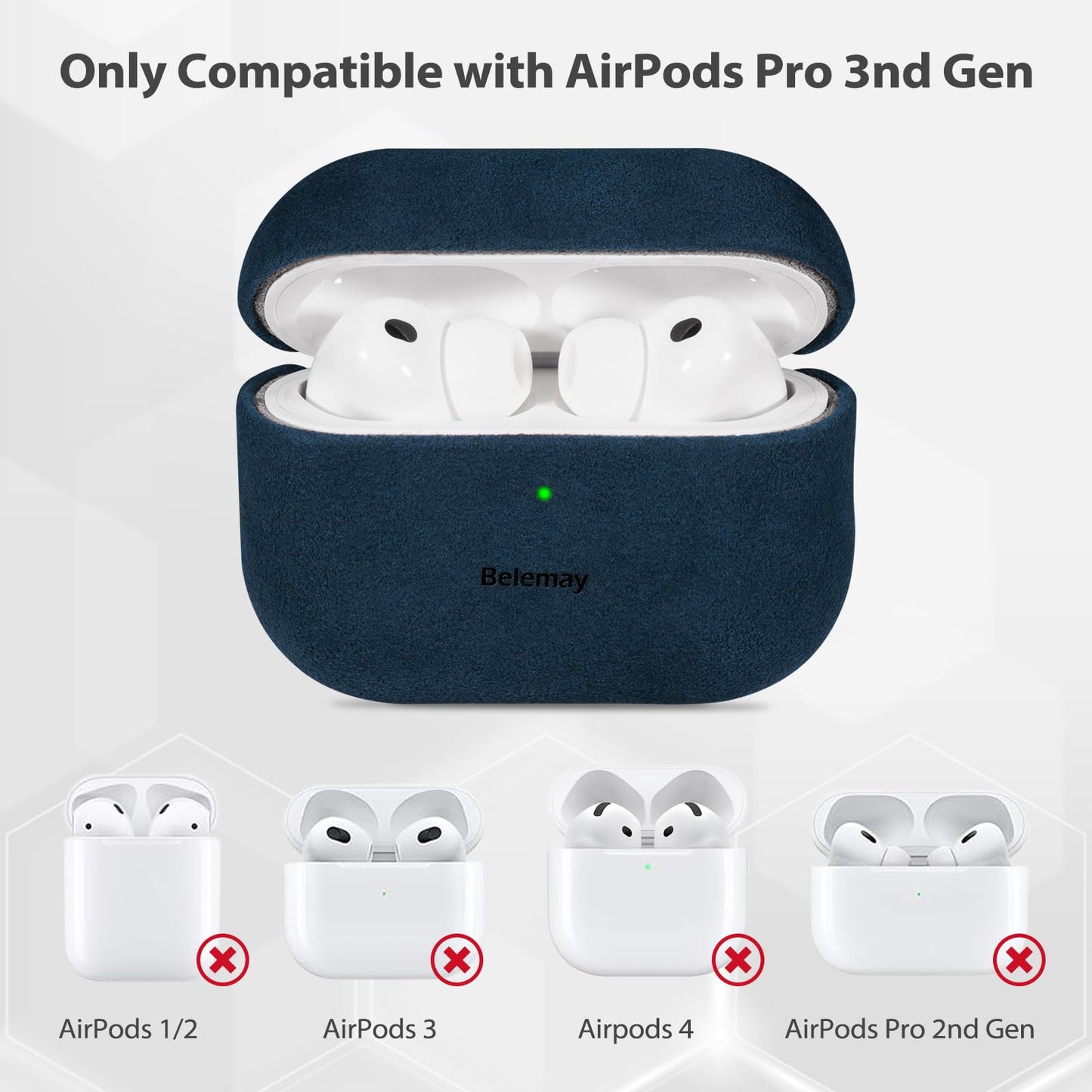 Belemay Handcrafted Alcantara Case for AirPods Pro 3rd Gen (2025), Compatible with MagSafe, Luxury Italian Suede-Like Material, Comfortable Grip, Elegant Cover Compatible with Airpods Pro 3, Blue