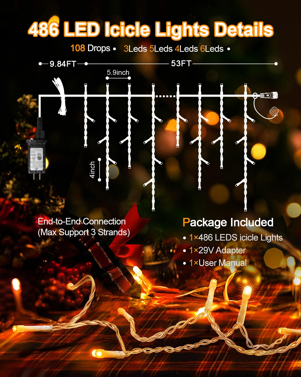 Christmas Lights Outdoor, 53 FT 486 LED Christmas Light for Outside, Timer & Memory, Plug in 8 Modes Hanging Fairy Light with 108 Drops for House Eaves Yard Patio Holidays Decorations, Warm White