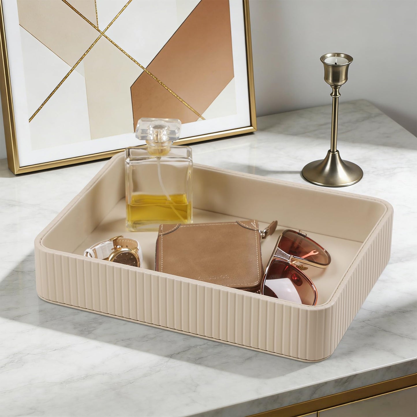 MEIBOOCH Desk Organizer Tray, PU Leather Nightstand Organizer Perfume Valet Tray for Men Women, Decorative Vanity Trays Trinket Dish Key Bowl for Entryway Table (2pcs, Beige, Large+Small)