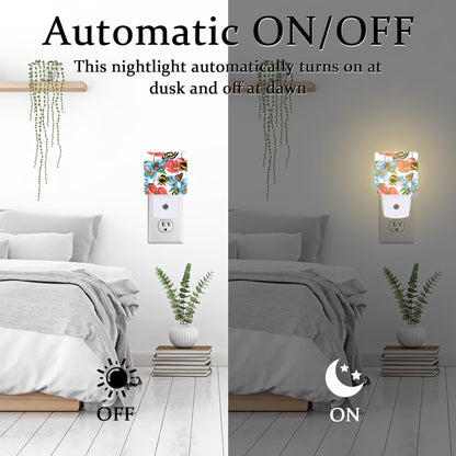 Red Poppy Flowers with Bee Butterflies Night Light for Kids,Bright Floral Insects Night Light Plug in with Dusk to Dawn Sensor,0.5w Energy Saving Nightlight for Hallway Stairway Kitchen Bedroom