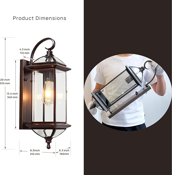 20''H Dusk to Dawn Sensor Outdoor Lighting Copper Large Porch Light Wall Mount with Tempered Glass Exterior Light Fixture for Garage,Porch,Patio,Oil-Rubbed Bronze,E26 Socket,1 Pack
