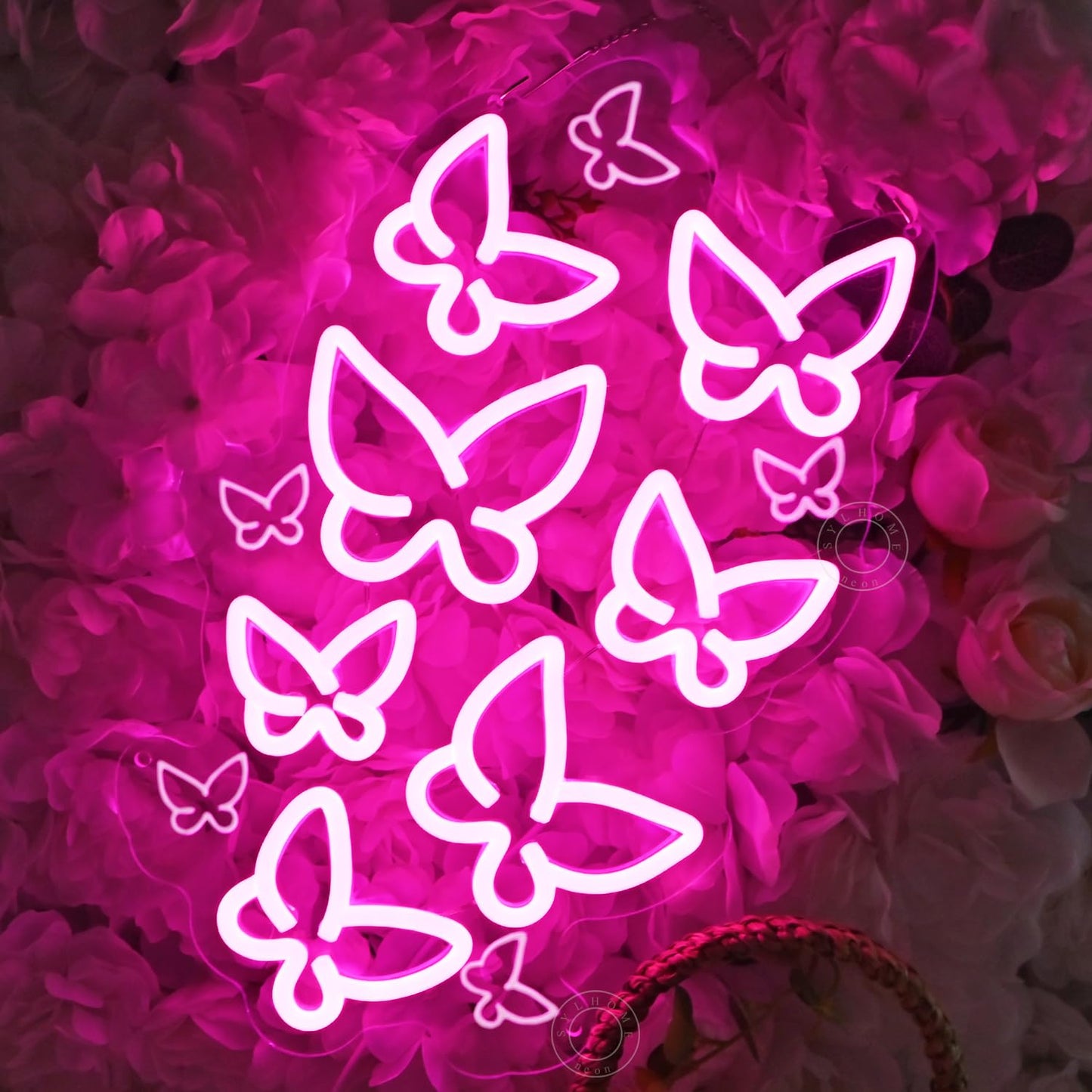 SYLHOME Pink Butterfly Led Neon Light Sign Bedroom Girls Room Kids Room Wall Sign Decor Cute Beauty Salon Birthday Christmas Party Decoration 15.75" X 10.1" USB