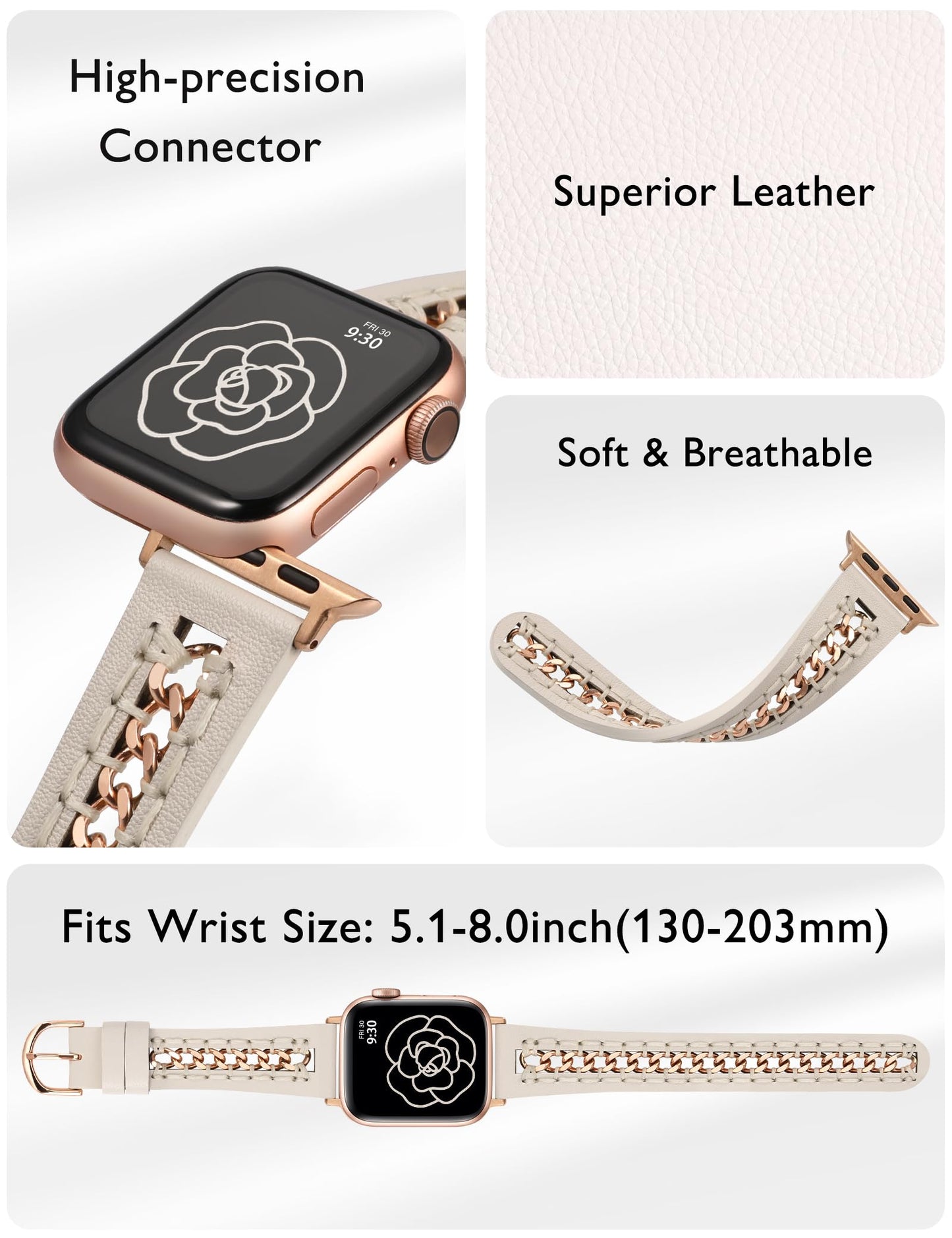 Minyee Leather Band Compatible with Apple Watch Bands 38/40/41/42/44/45/49mm Women,Dressy Designer Premium Leather Strap with Stainless Steel Metal Hollow-out Chain Bracelet for iWatch Ultra 2 Series