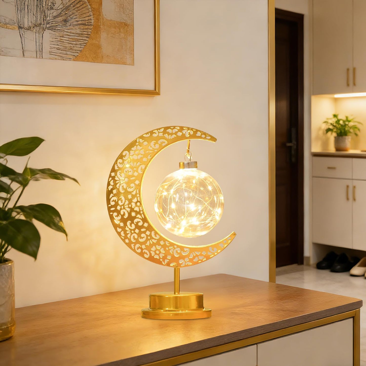 Moon Lamp with Hanging Globe, Decorative Crescent Moon Table Lamp Battery Powered, Retro Metal Islamic Decor LED Night Light for Bedroom Living Room, Gift for Women Birthday Christmas Boho Home Decor