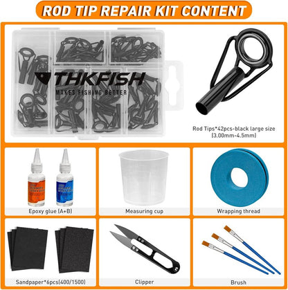 THKFISH Fishing Rod Tip Repair Kit - 42pcs with Glue, Stainless Steel & Ceramic Guide Tips | 6 Sizes Available
