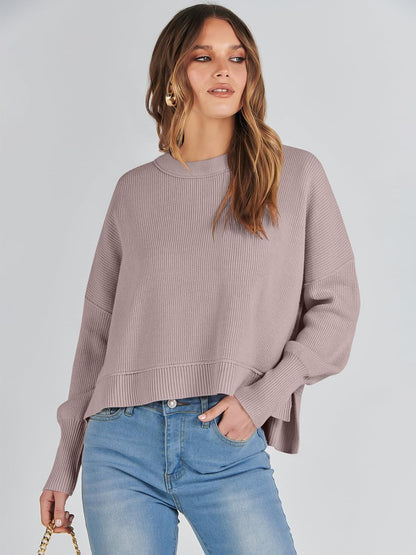 ANRABESS Womens Cropped Sweaters Oversized Crewneck Long Batwing Sleeve Side Slit Ribbed Knit Pullover Tops 2025 Fall Clothes