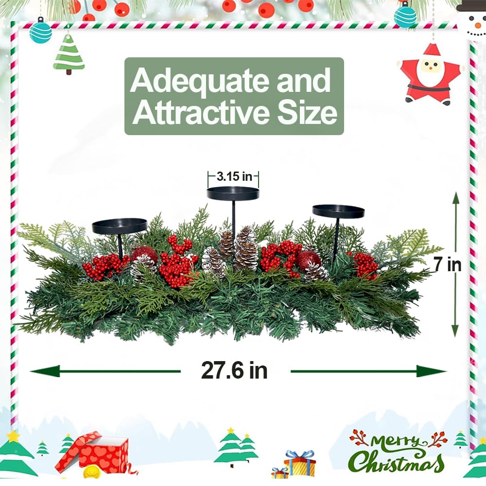 27.6" Christmas Table Centerpiece with Lighs Christmas Candle Holders with 3 Trays Red Berries Balls Pine Cones Xmas Pine Garland Lights Decoration for Centerpiece Table Mantel Holiday Home Decor