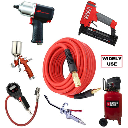 YOTOO Hybrid Air Hose 3/8-Inch by 50-Feet 300 PSI Heavy Duty, Lightweight, Kink Resistant, All-Weather Flexibility with 1/4-Inch Brass Male Fittings, Bend Restrictors, Red