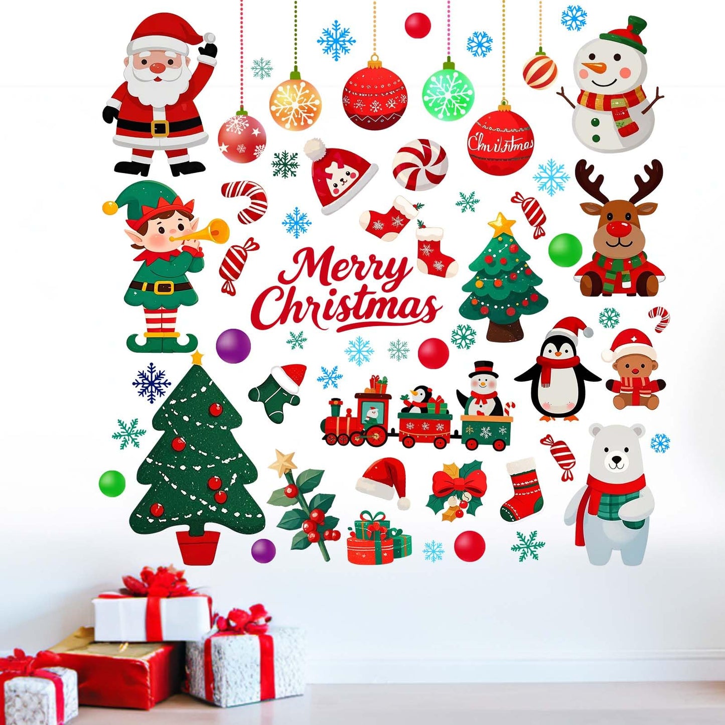 Christmas Santa Wall Decals for Kids: Festive Holiday Chrismas Tree Reindeer Wall Stickers for Indoor Home Decor - Living Room Kids Room Windows Door - Easy Peel and Stick Family Activity