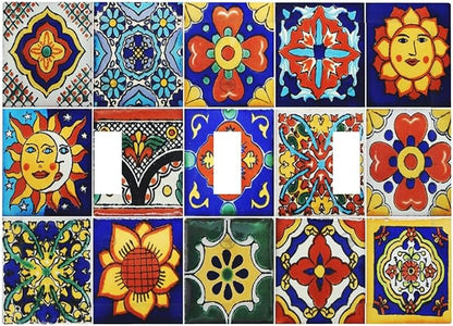 Traditional Colorful Talavera Mexican Spanish Moroccan Tiles 3 Gang Wall Plates Decorative Triple Toggle Light Switch Cover Electrical Switchplate Unused Decorate Faceplate for Bathroom Home