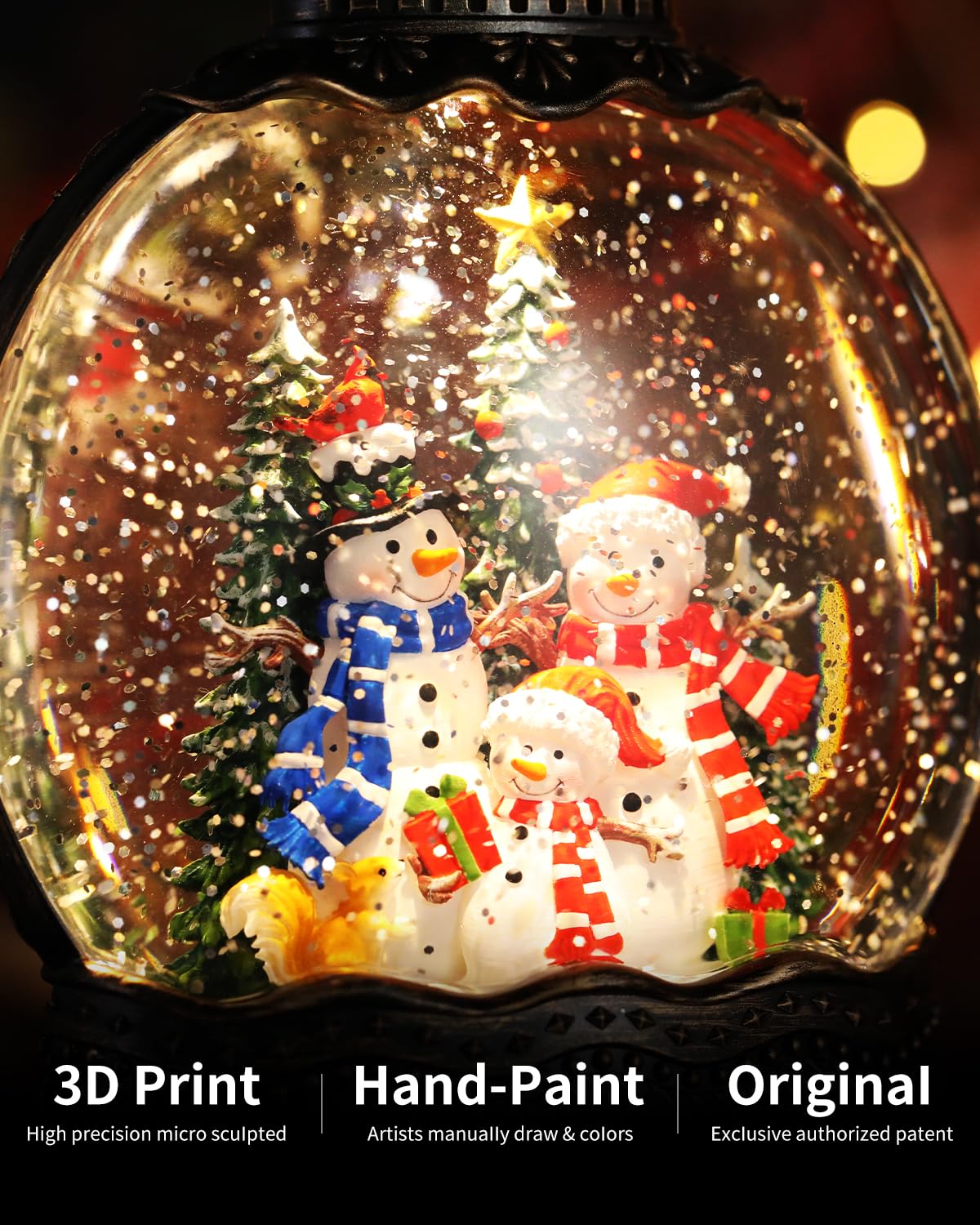 Christmas Snow Globe Lantern with Frosty Snowman Cardinals for Christmas Decorations, with Music and Lighting Features，USB or Battery Operated