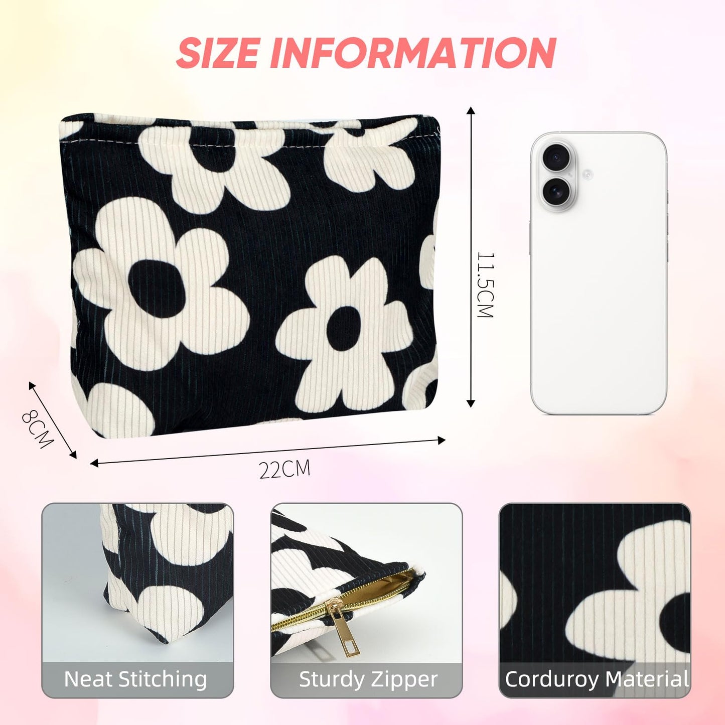 Ksriylm Cute Makeup Pouch for Women Flower Small Make Up Bag for Purse Zipper Initial Cosmetic Bags Pouches for Purse Aesthetic Travel Toiletrybags Gift,Black White Floral