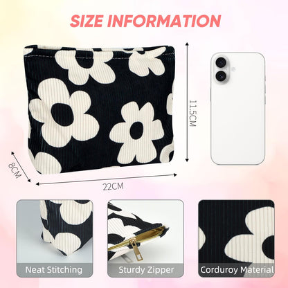 Ksriylm Cute Makeup Pouch for Women Flower Small Make Up Bag for Purse Zipper Initial Cosmetic Bags Pouches for Purse Aesthetic Travel Toiletrybags Gift,Black White Floral