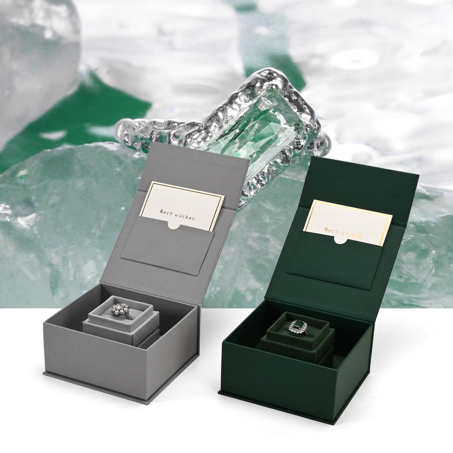 Oirlv Ring Gift Box with Lid Magnetic Gray Boxes for Wedding Proposal Gift Birthday Present with Card(Gray)
