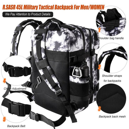 R.SASR 45L Tactical Backpack for Men Women, Military Assault Pack with MOLLE, Large 3 Day Bug Out Bag for Hiking Camping (Black and White)