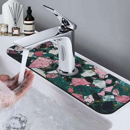 Faucet Draining Mat For Kitchen Sink, Terrazzo Dark Green Diatom Mud Absorbent