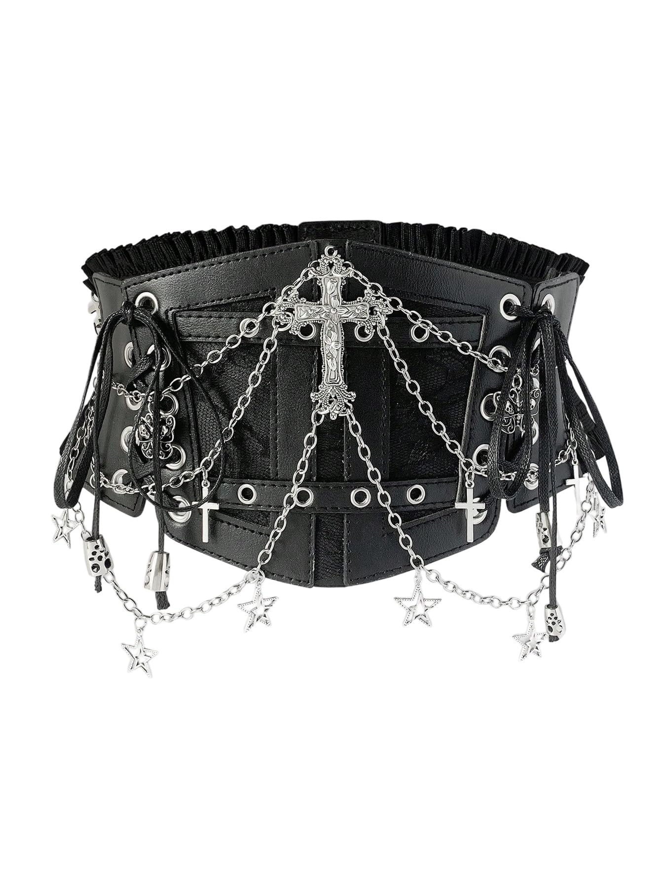 WDIRARA Women's Faux Leather Corset Belt Chain Goth Punk Cross Lace Up Side Elastic Waist Corset Black Large